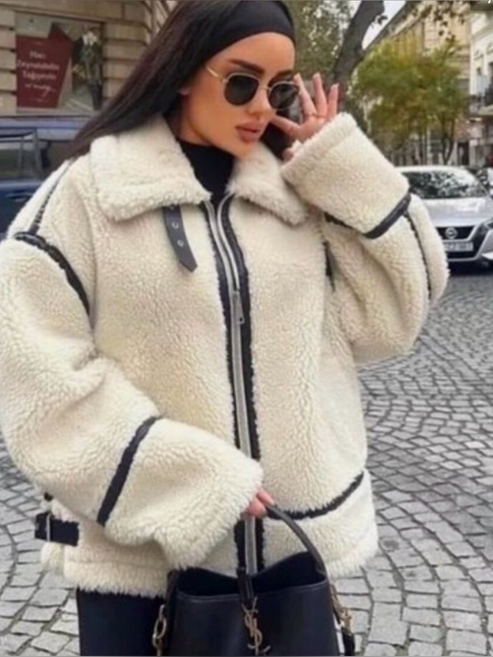 Zara ZW Collection Faux Shearling Biker Jacket Ecru Cream XS